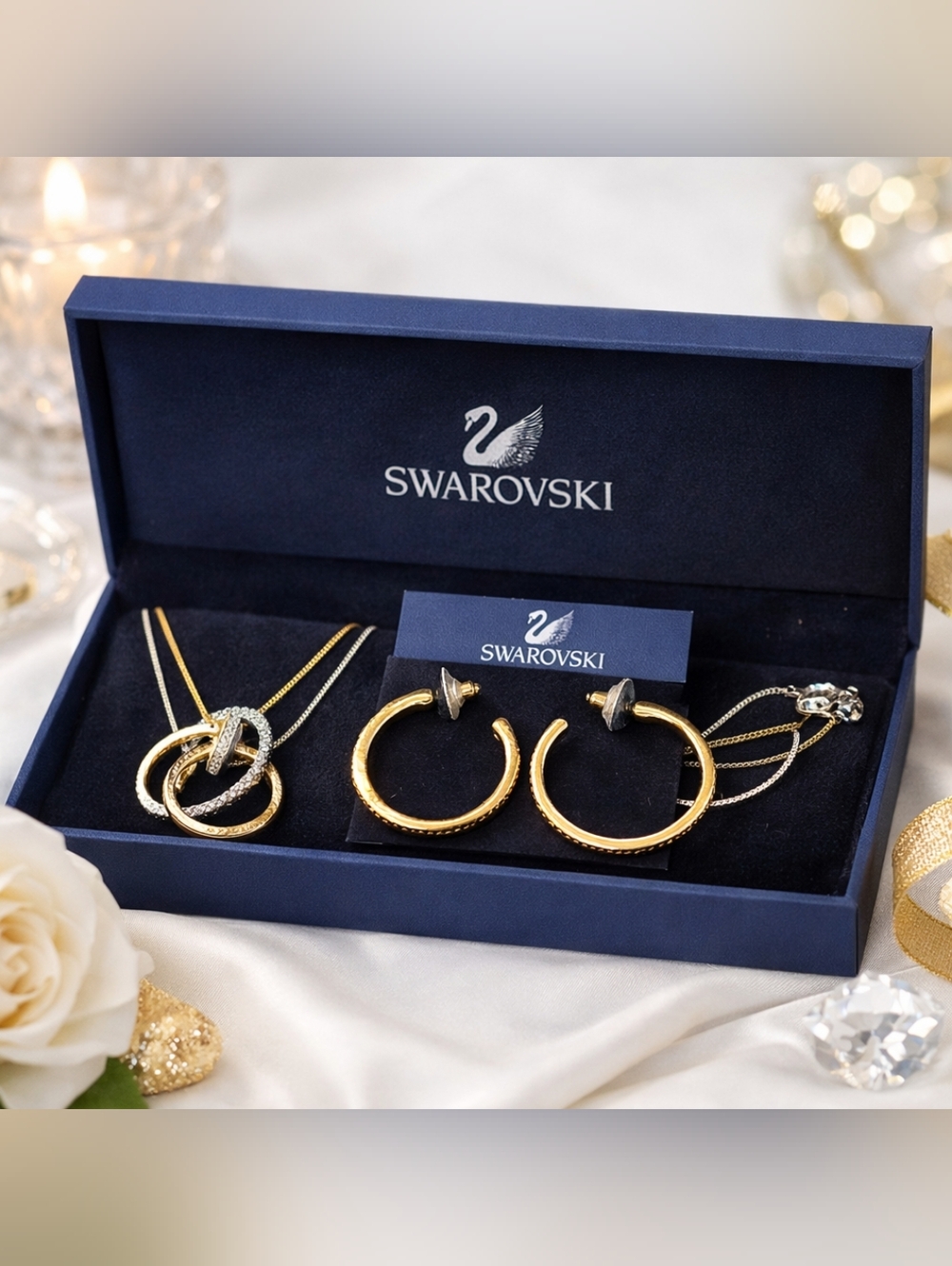 Authentic Swarovski Necklace & Hoop Earrings Set w/ Original Box – Gold/Silver T